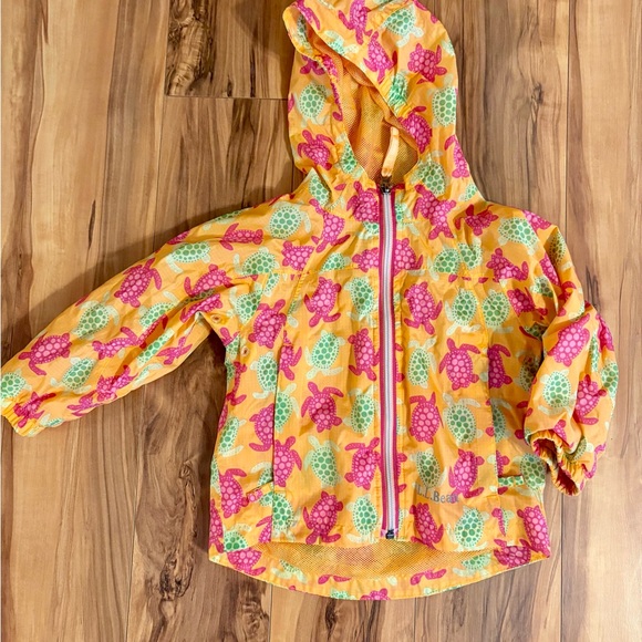 L.L. Bean Kids Raincoat - orange  with Pink and Green Turtles - Picture 1 of 7